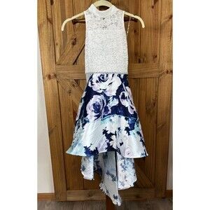 Floral High Low Dress White Lace Beaded Bodice Blue Satin Skirt Size 10 Formal